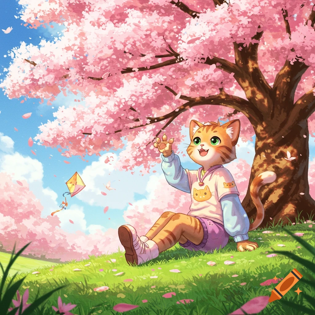 An anthropomorphic ginger cat in a shirt and shorts sits under a cherry blossom tree, reaching for a kite on a sunny day. Cartoon style.