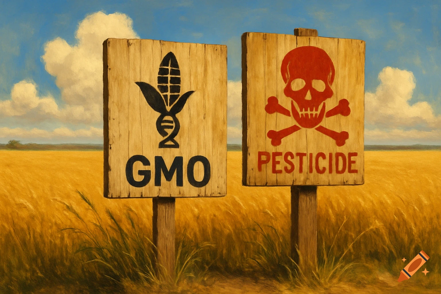 Two painted wooden signs in a golden crop field. One sign says 'GMO' with a corn and DNA symbol, the other 'PESTICIDE' with a skull and crossbones.