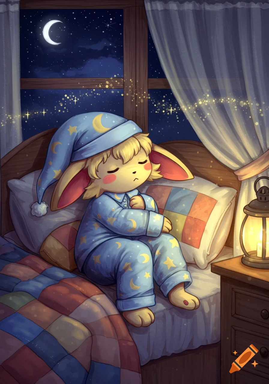 A cute humanoid Pok mon in blue pajamas and nightcap sleeps in bed by a window showing a starry night and crescent moon, with a lit lantern nearby.