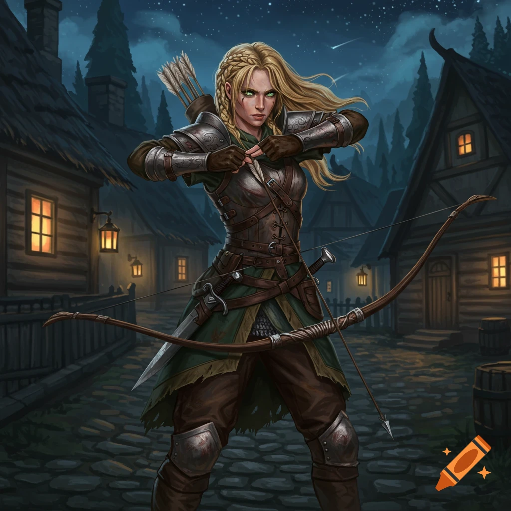 A blonde female archer in brown leather and metal armor, with green eyes, holds a bow in a medieval village at night.