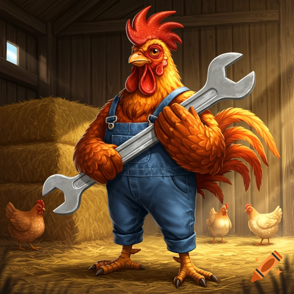 A cartoon rooster wearing blue overalls stands in a barn, holding a large silver wrench, with hens around him.