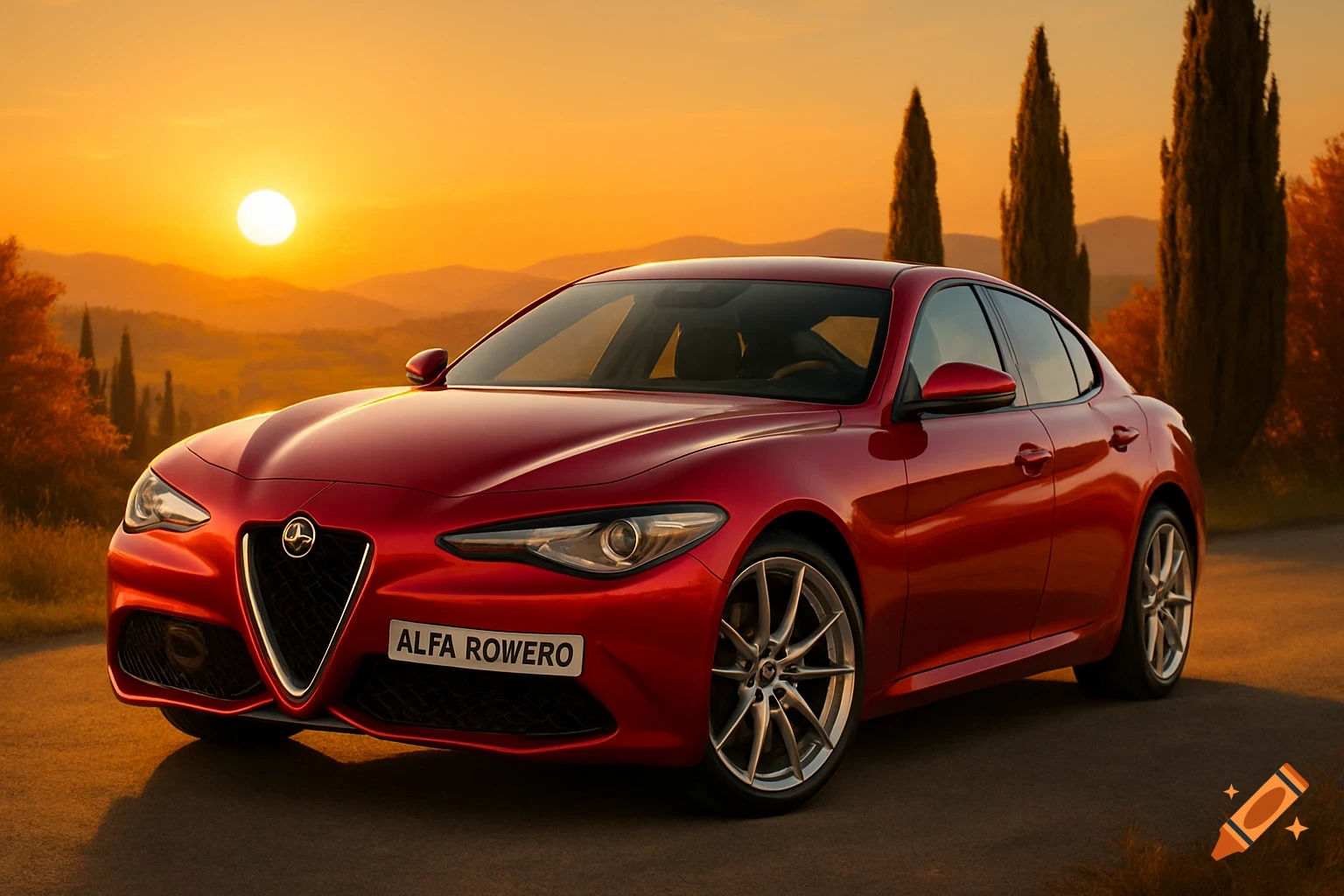 Red Alfa Romeo-style sports car with 'ALFA ROWERO' on its license plate, parked on a road at sunset.