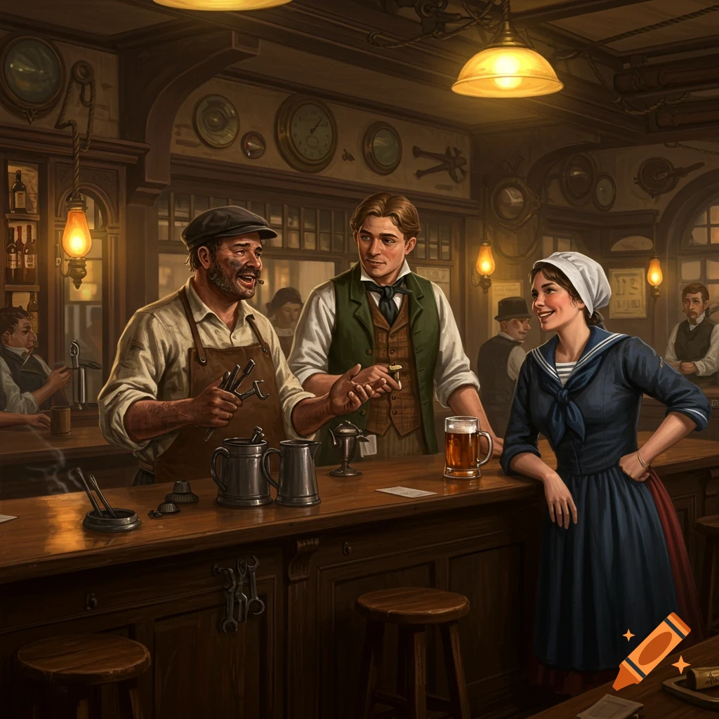 A tinker, a man in a vest, and a woman in a sailor's dress at a wooden bar in a dimly lit 19th-century pub, with tools and a beer.