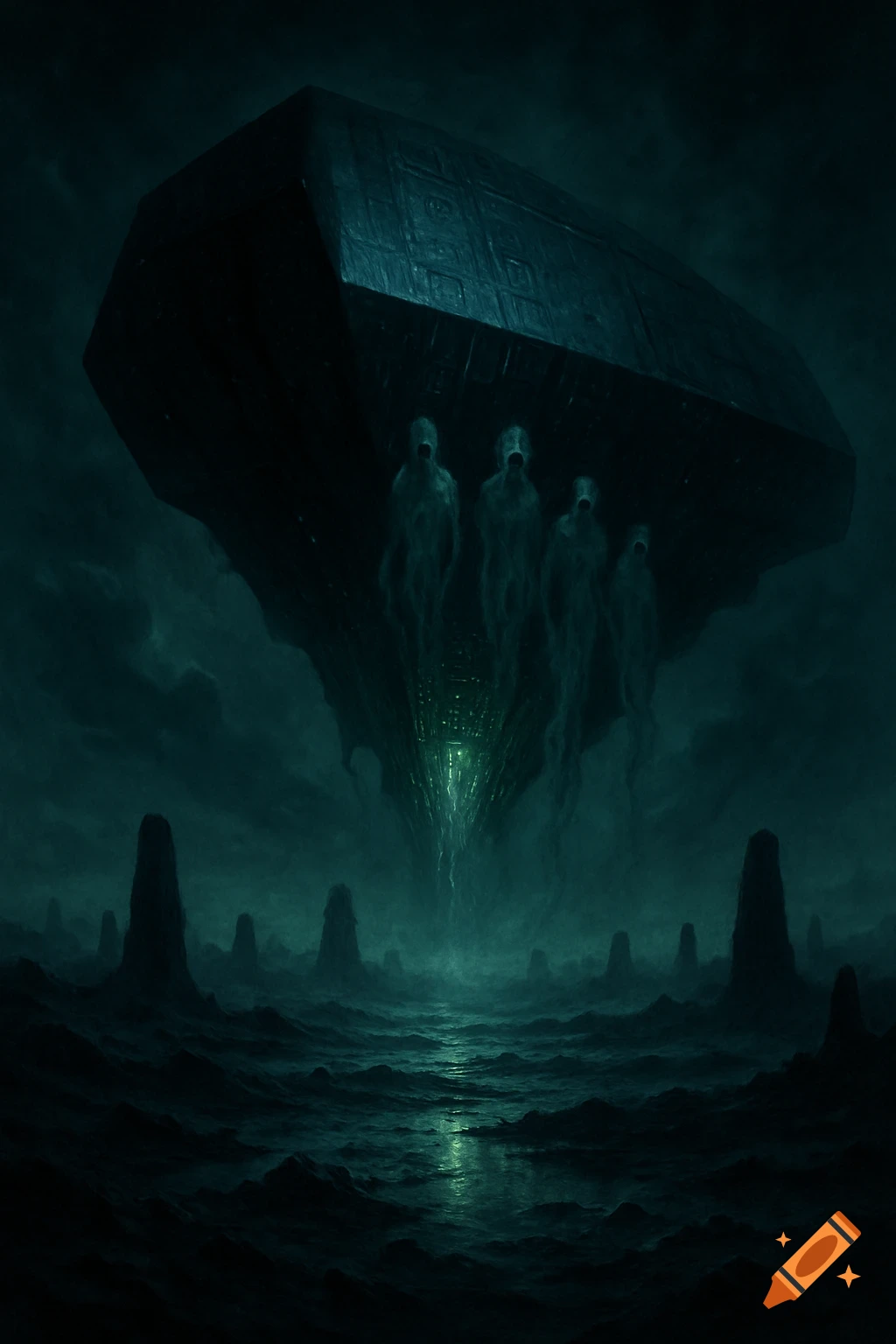 A dark, mysterious sci-fi horror landscape with a massive floating structure and ghostly figures above a dark, watery terrain.