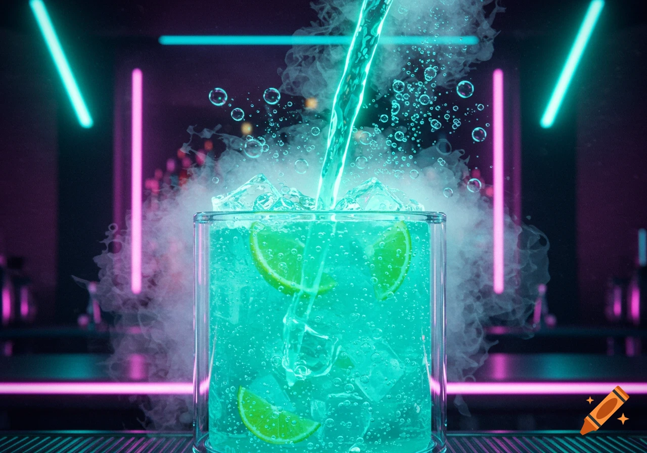 Photorealistic image of a vibrant blue-green drink with ice, lime, and bubbling liquid, surrounded by smoke, in a dark bar with neon lights.