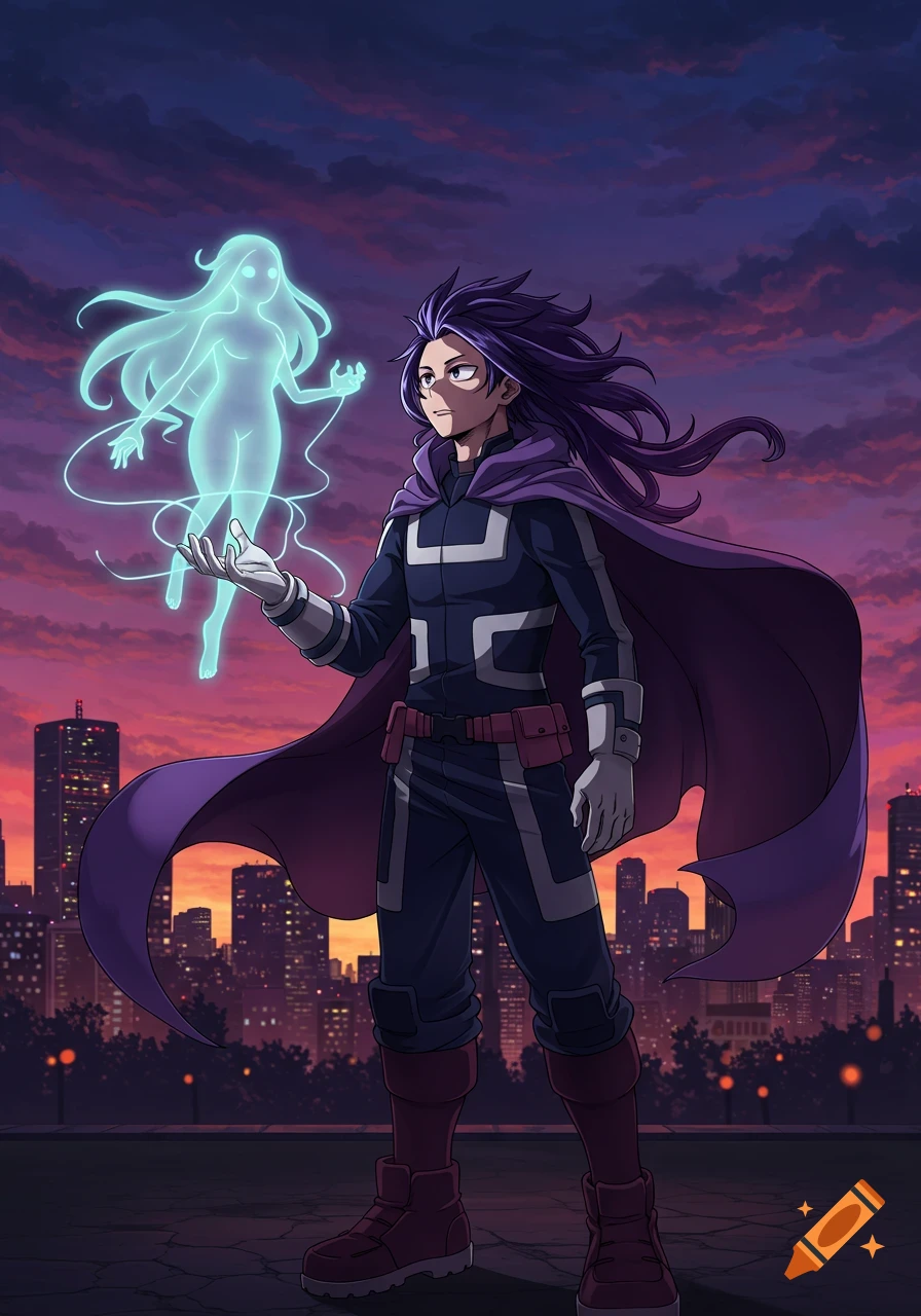 Anime-style image of a purple-haired male superhero in a cape, controlling a glowing turquoise spirit against a city skyline at dusk.