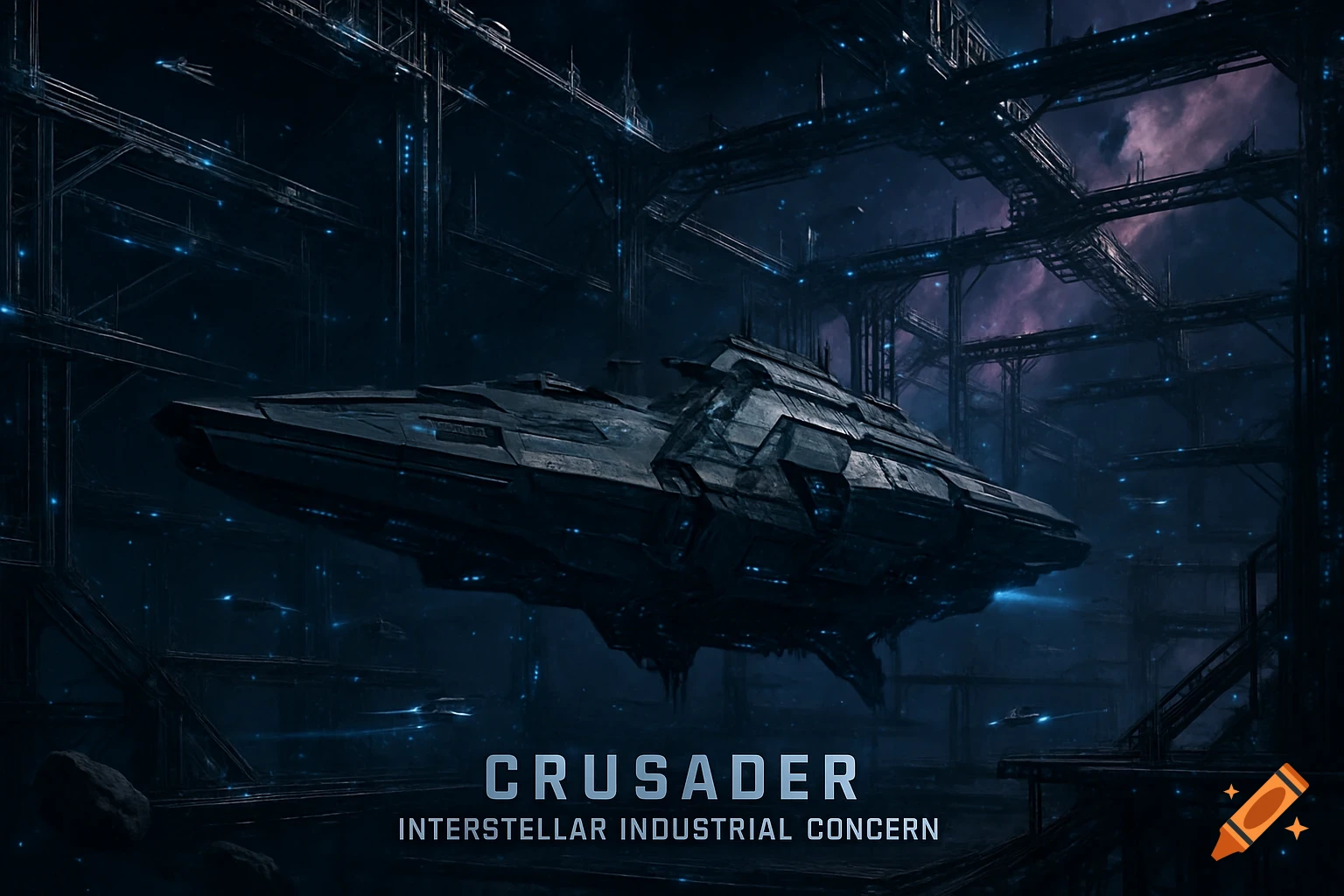 A large, dark futuristic spaceship is docked in a vast industrial space station with blue lights and a nebula sky.