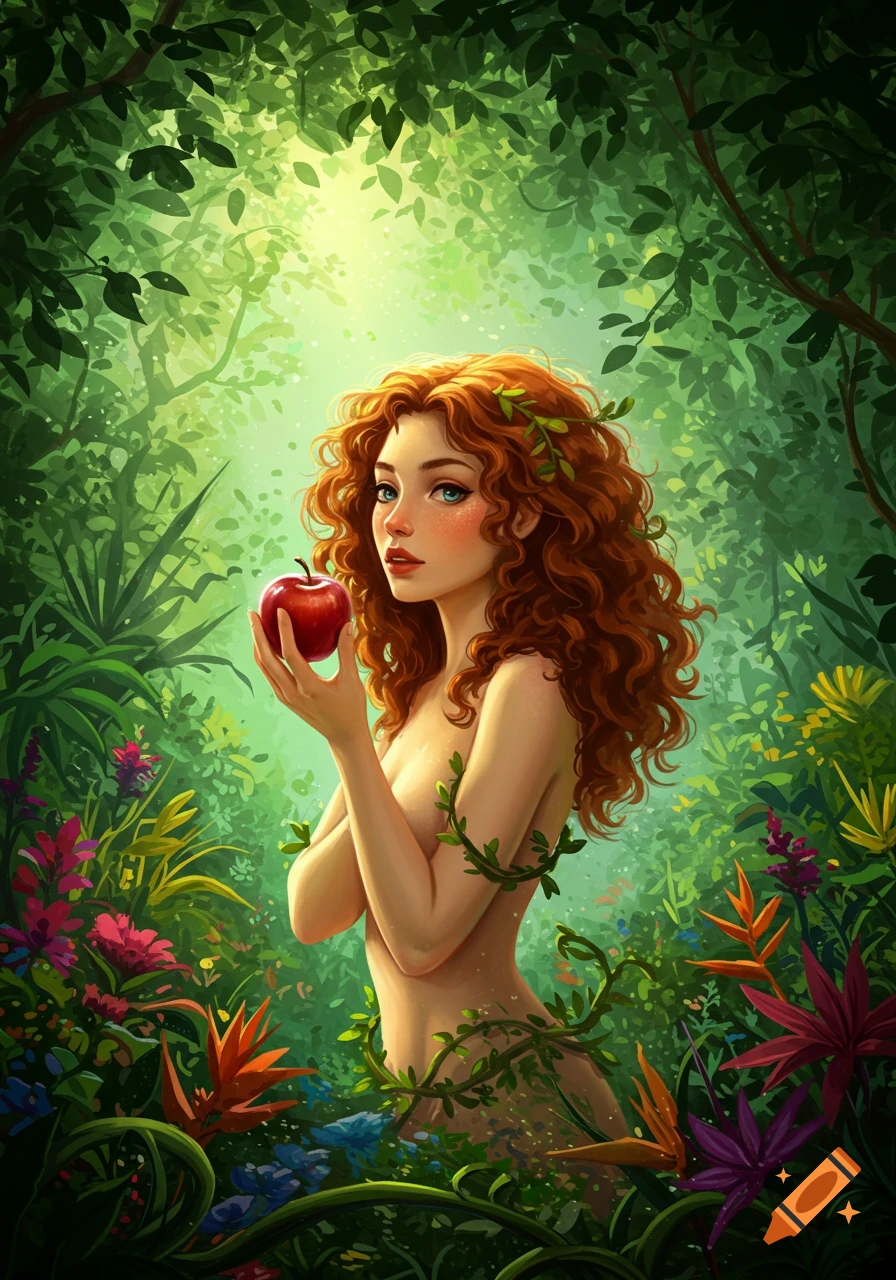 An illustration of a red-haired woman, Eve, holding a red apple in a vibrant, lush green jungle.