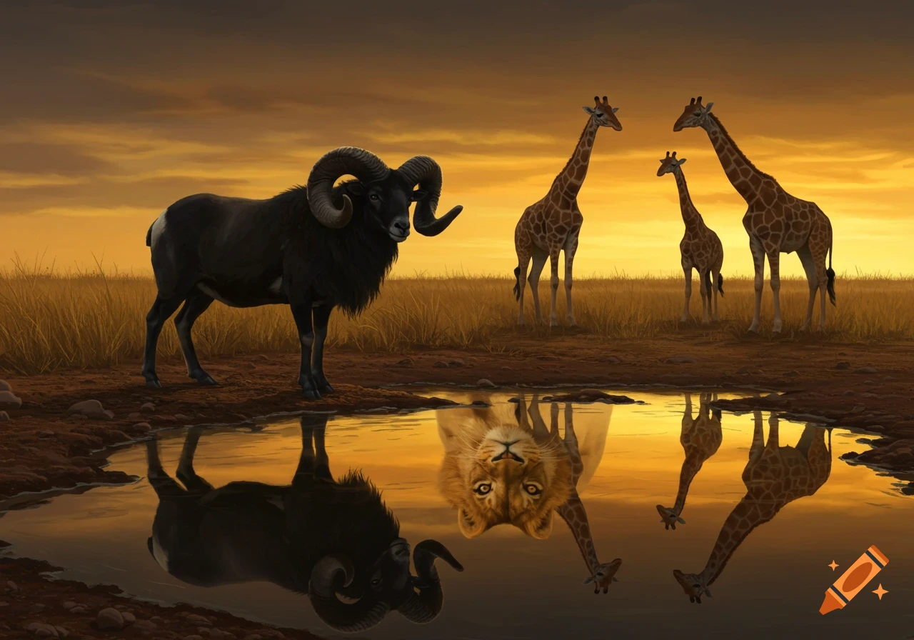A black ram and three giraffes stand at a watering hole in an African safari at sunset, with the ram seeing a lion's reflection.