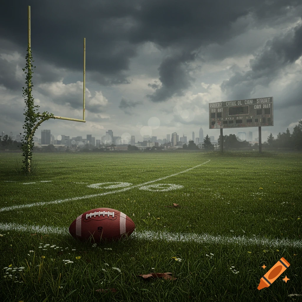 A football field with a football, overgrown goalpost, and a scoreboard under dark, cloudy skies. A city skyline in the background.