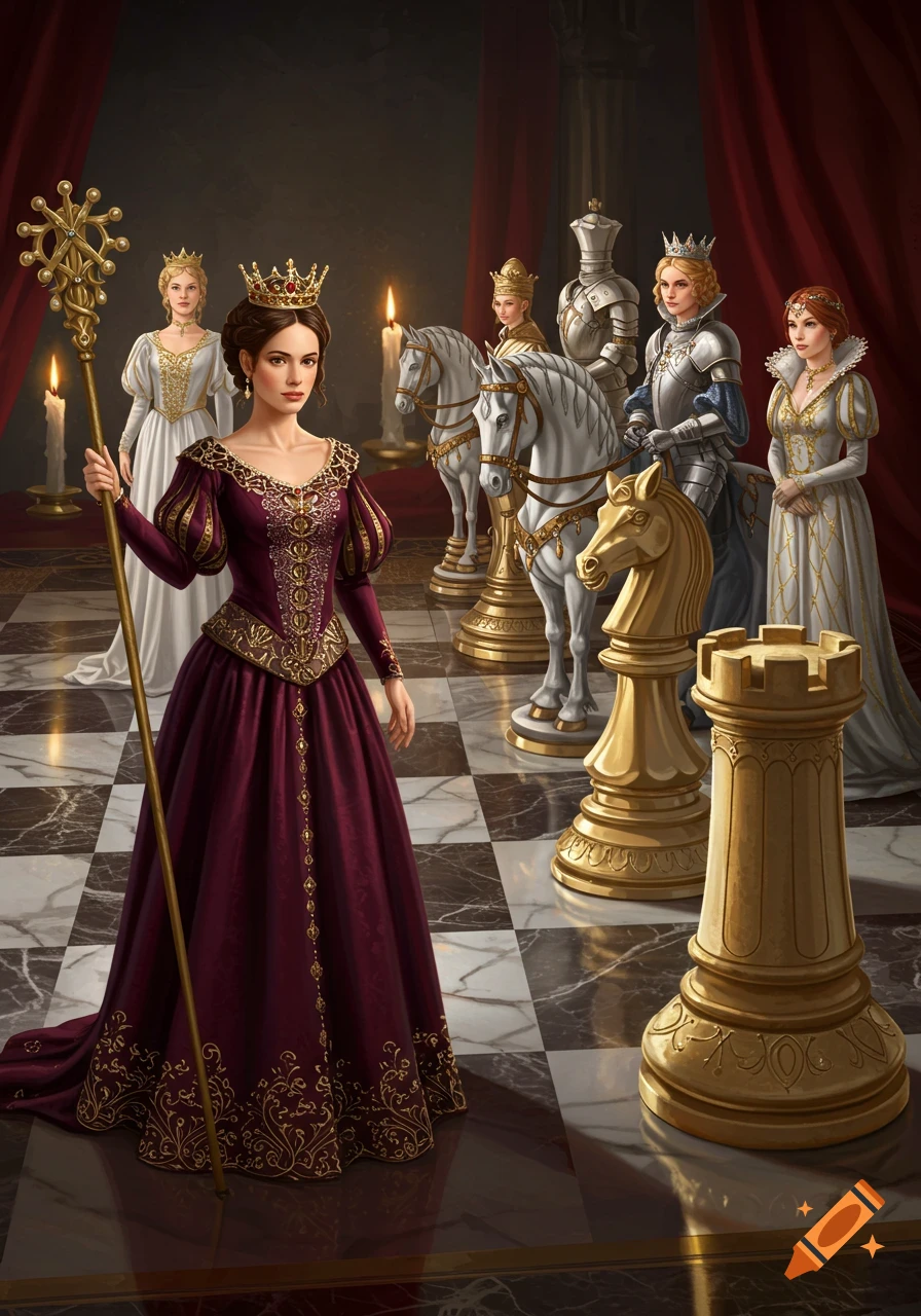 A majestic queen in a maroon gown stands on a chessboard, holding a staff, surrounded by other women dressed as chess pieces.