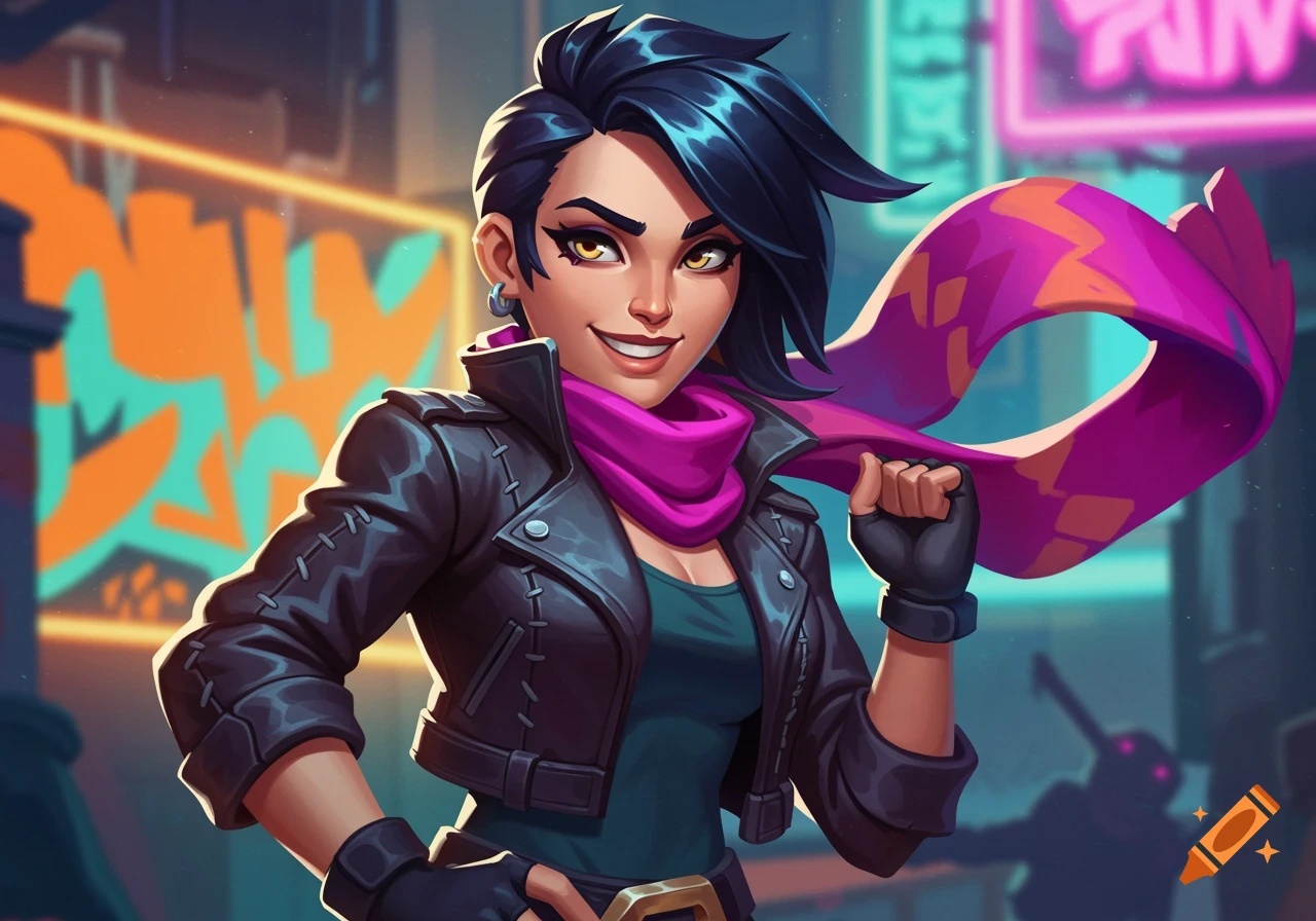 A stylized illustration of a smiling woman with dark short hair and a black leather jacket, holding a pink scarf, standing in a neon-lit city at night.
