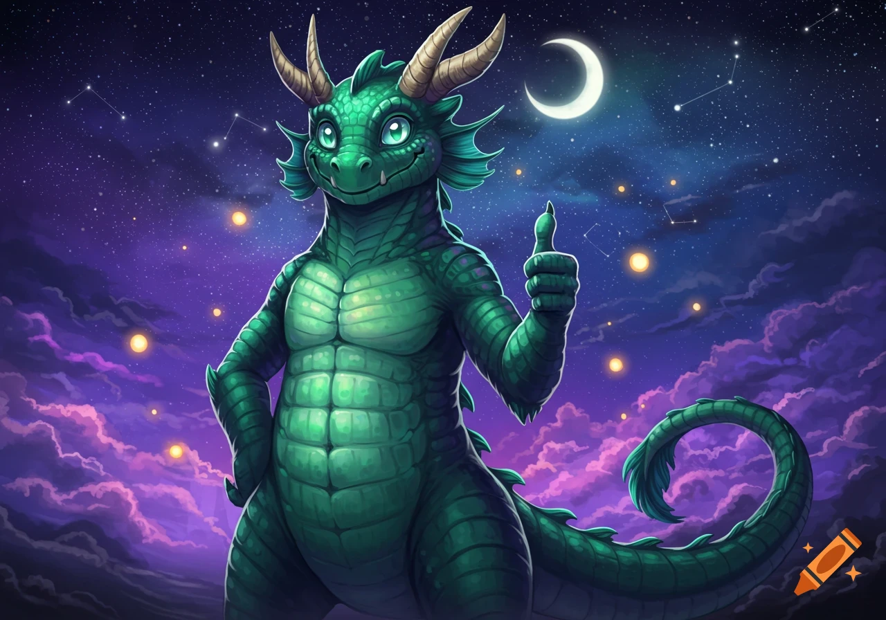 A friendly green dragon with horns gives a thumbs up under a starry purple night sky with a crescent moon and clouds, cartoon style.