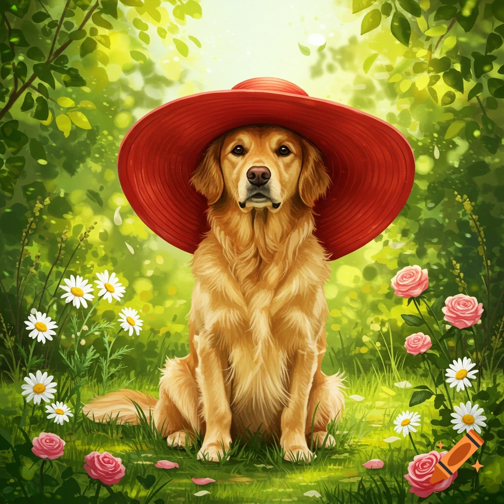 A golden retriever wears a large red hat while sitting in a vibrant green garden with white daisies and pink roses.