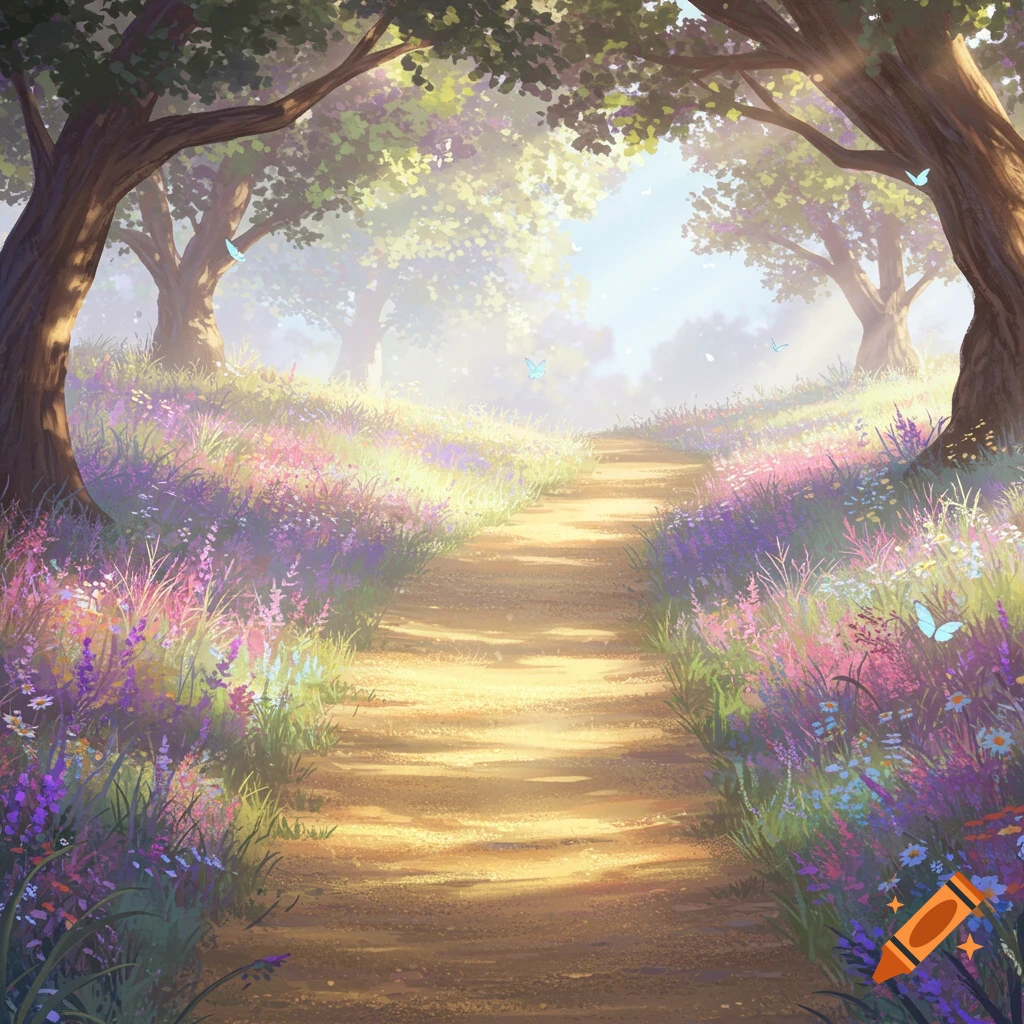 A dirt path winding through a vibrant, sunlit forest clearing filled with purple and pink wildflowers and large trees, with butterflies.