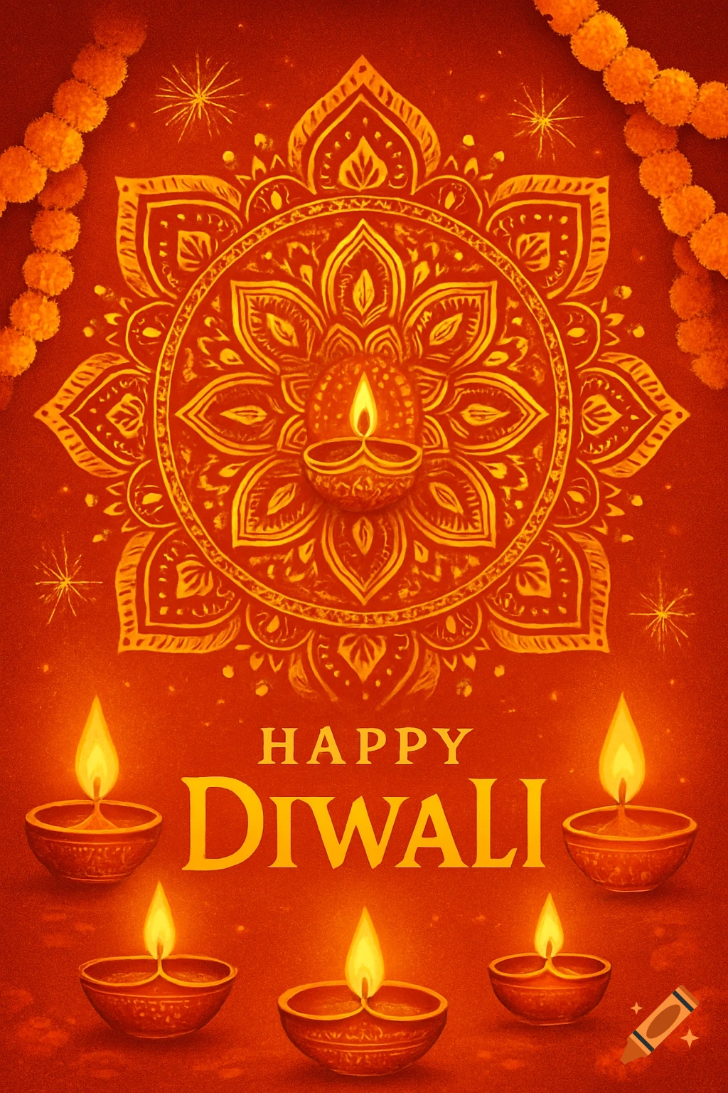 A vibrant red and gold Diwali greeting card with a mandala, lit oil lamps, marigold garlands, and 'HAPPY DIWALI' text.