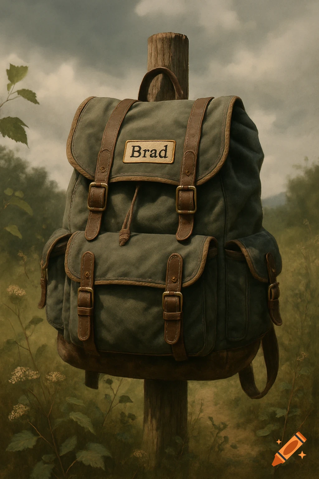 A vintage-style green canvas and leather backpack with a nametag reading 'Brad' hanging on a wooden post in an overgrown field.