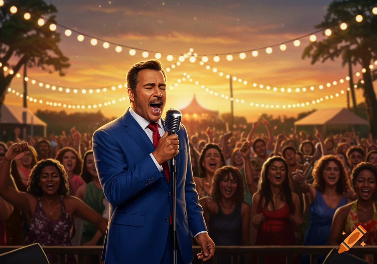 A man in a blue suit sings passionately into a microphone on stage, illuminated by string lights, with a cheering crowd at an outdoor concert during sunset.