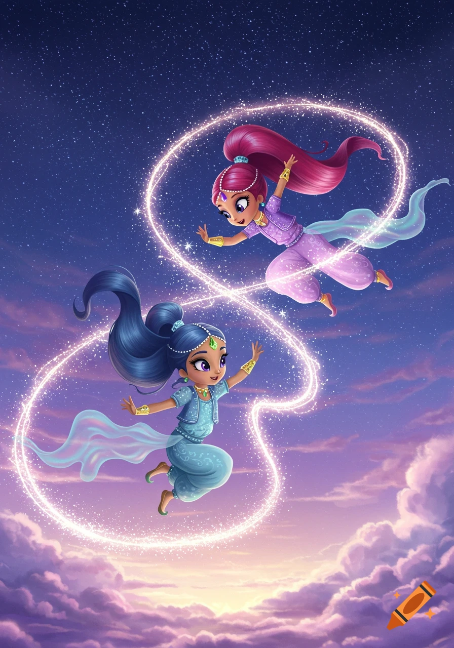 Two vibrant cartoon girls in genie outfits float and create sparkling light trails in a starry night sky above clouds.