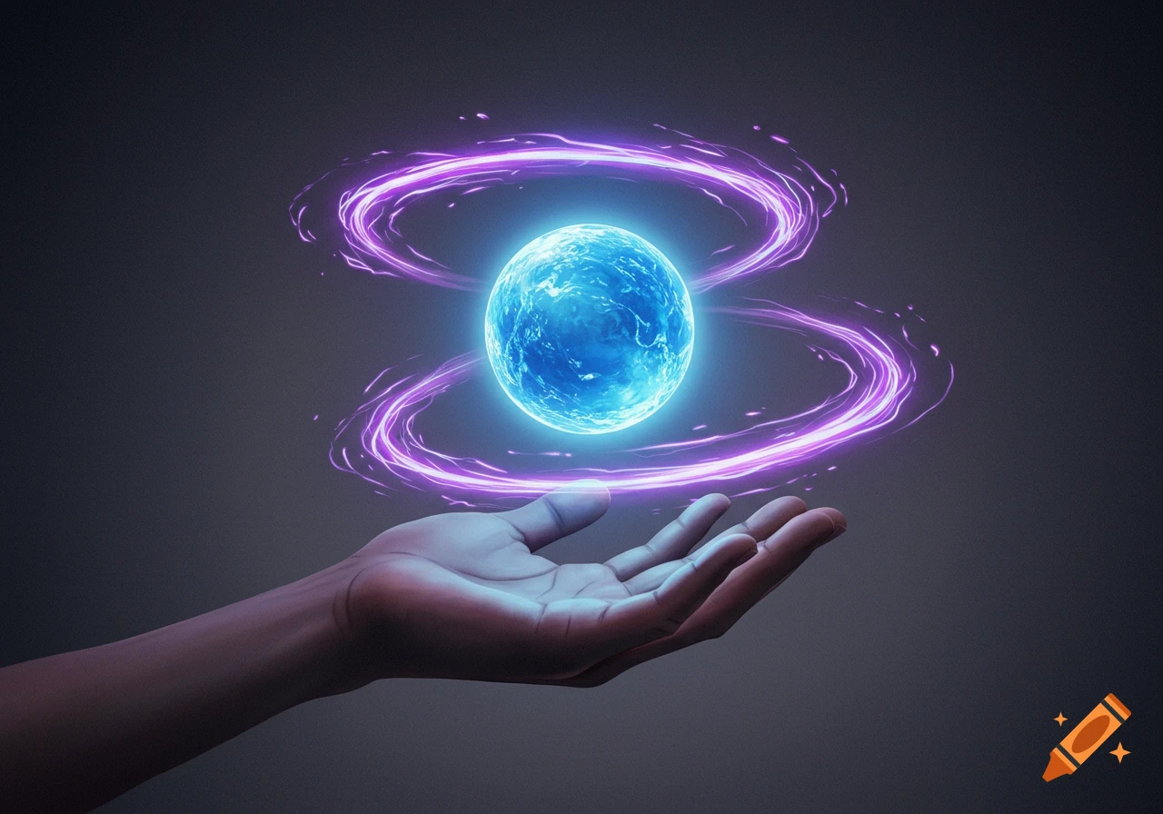 A hand holds a glowing blue orb with swirling purple energy rings in a dark setting.