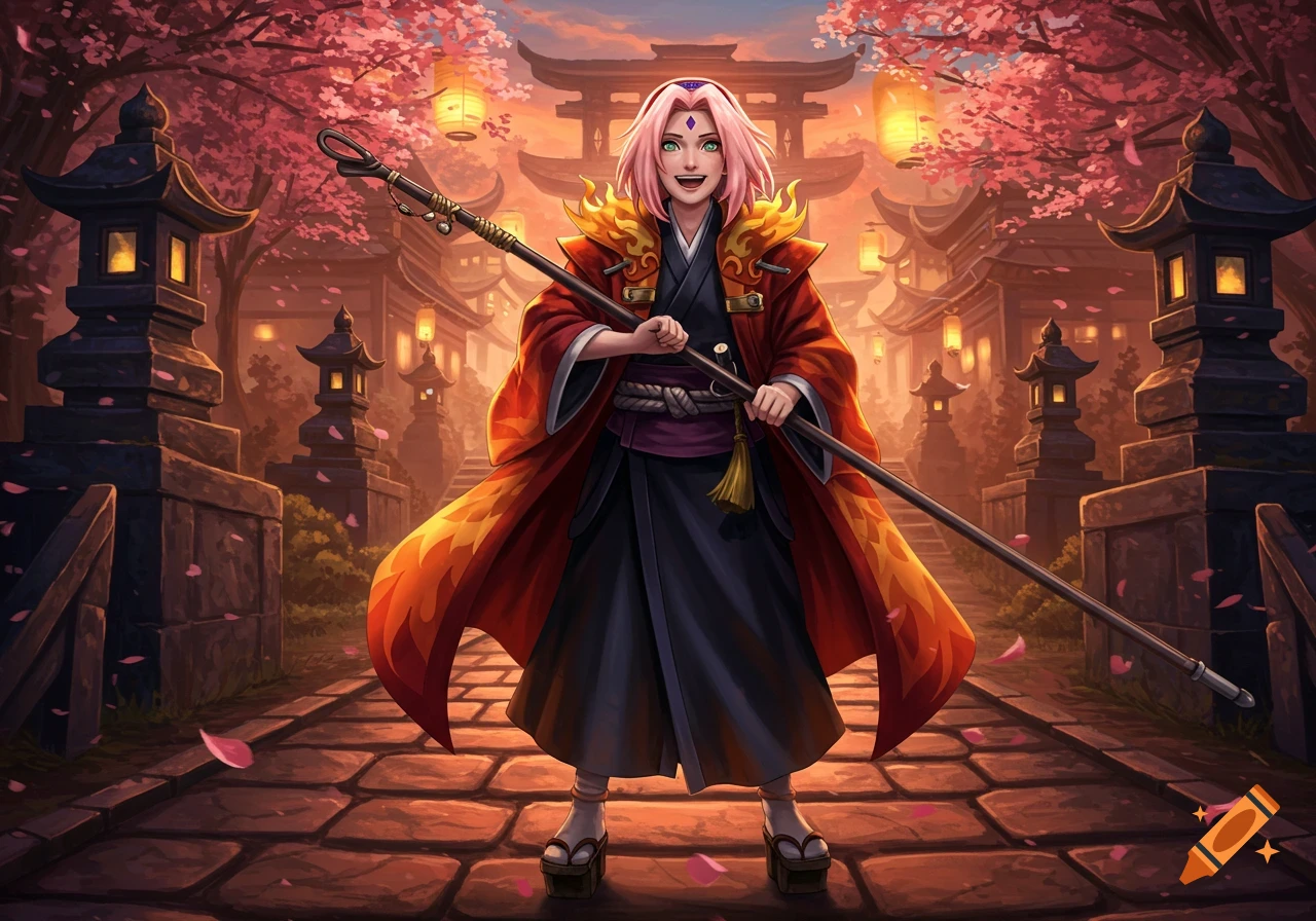 Anime illustration of Sakura Haruno in a fiery red haori, holding a staff, smiling in a cherry blossom-filled Japanese temple.