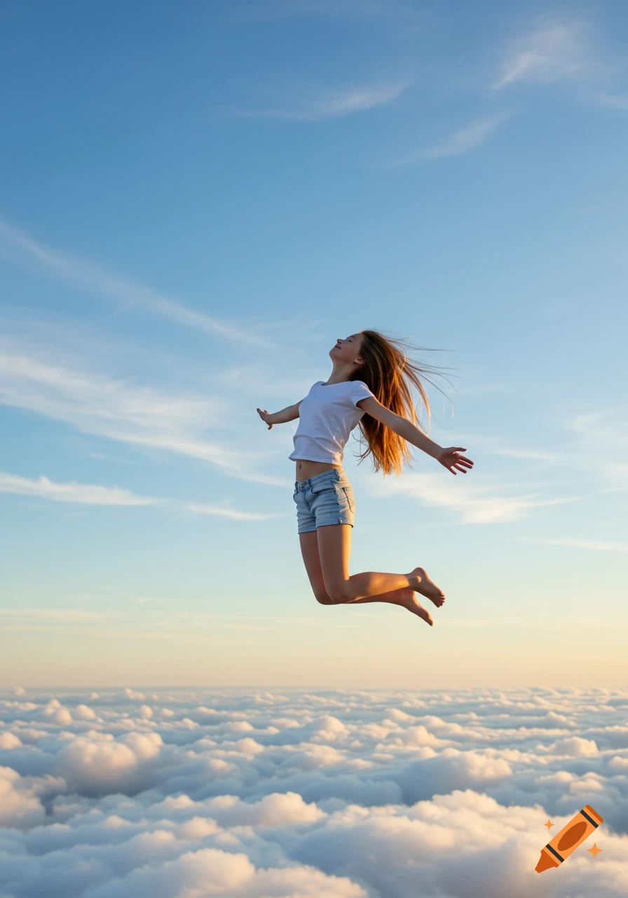 A young girl in shorts and a t-shirt jumps high above a sea of clouds under a clear blue sky with her arms spread wide.