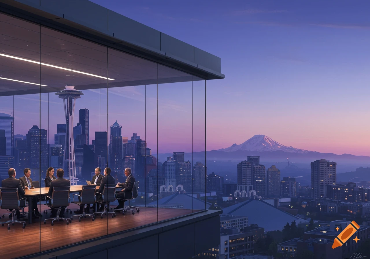 Business meeting in a modern glass office overlooking the Seattle skyline with Space Needle and Mount Rainier at sunset.