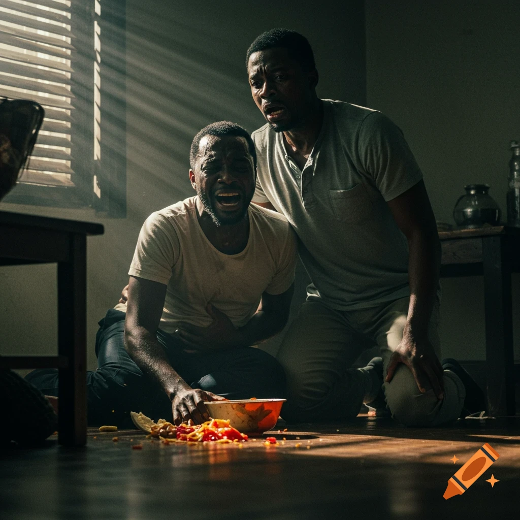 A man cries out in pain, clutching his stomach next to spilled food, as another man kneels beside him looking terrified. Photorealistic.