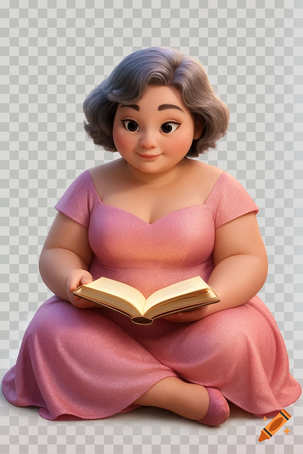 A curvy, plus-sized woman with silver bob hair, wearing a pink dress, sits cross-legged, reading a book in 3D animation style.
