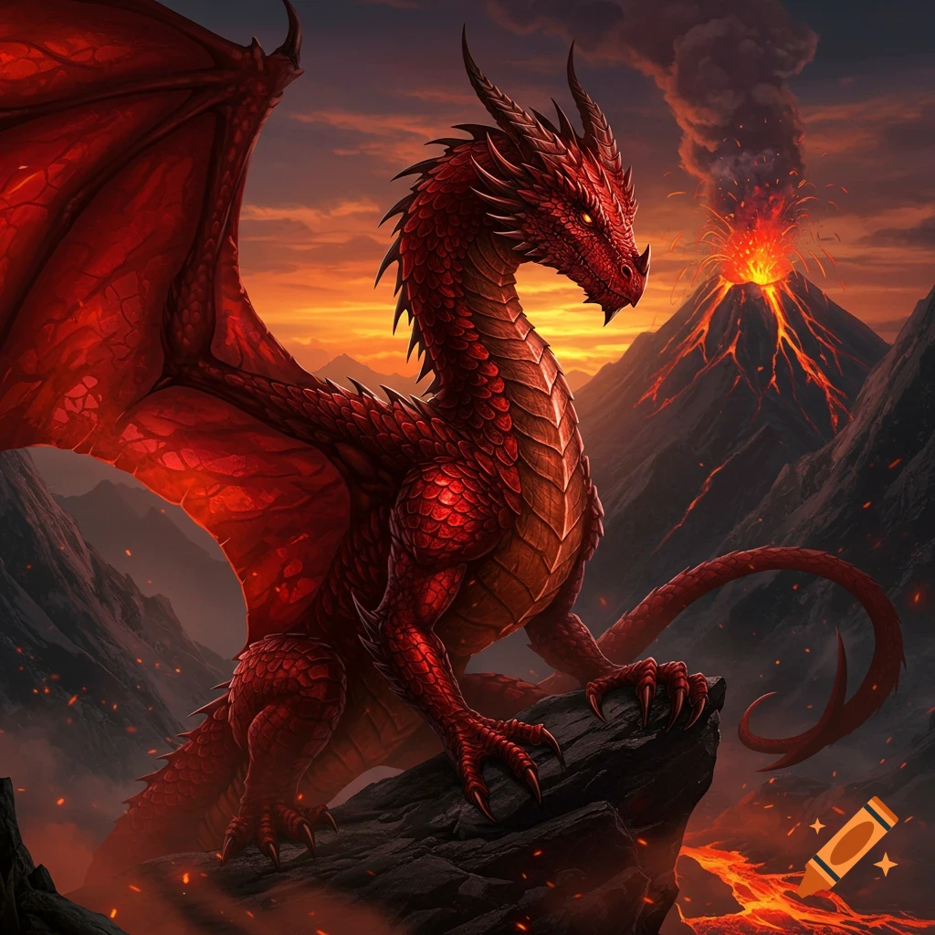 A majestic red dragon perches on a rock, with a fiery volcanic eruption in the background at sunset, epic fantasy art.