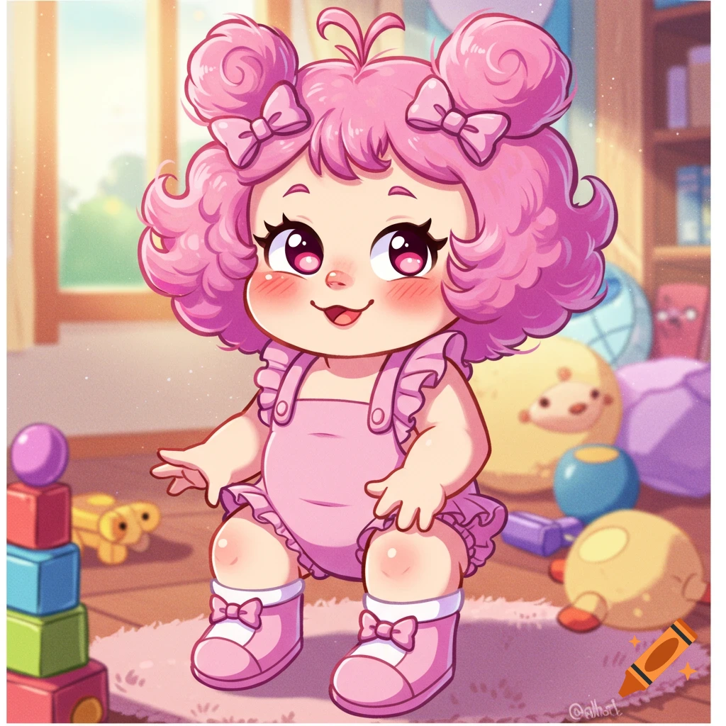 A cute, pink-haired cartoon baby in a pink romper and bows sits on a rug in a sunny playroom filled with toys.