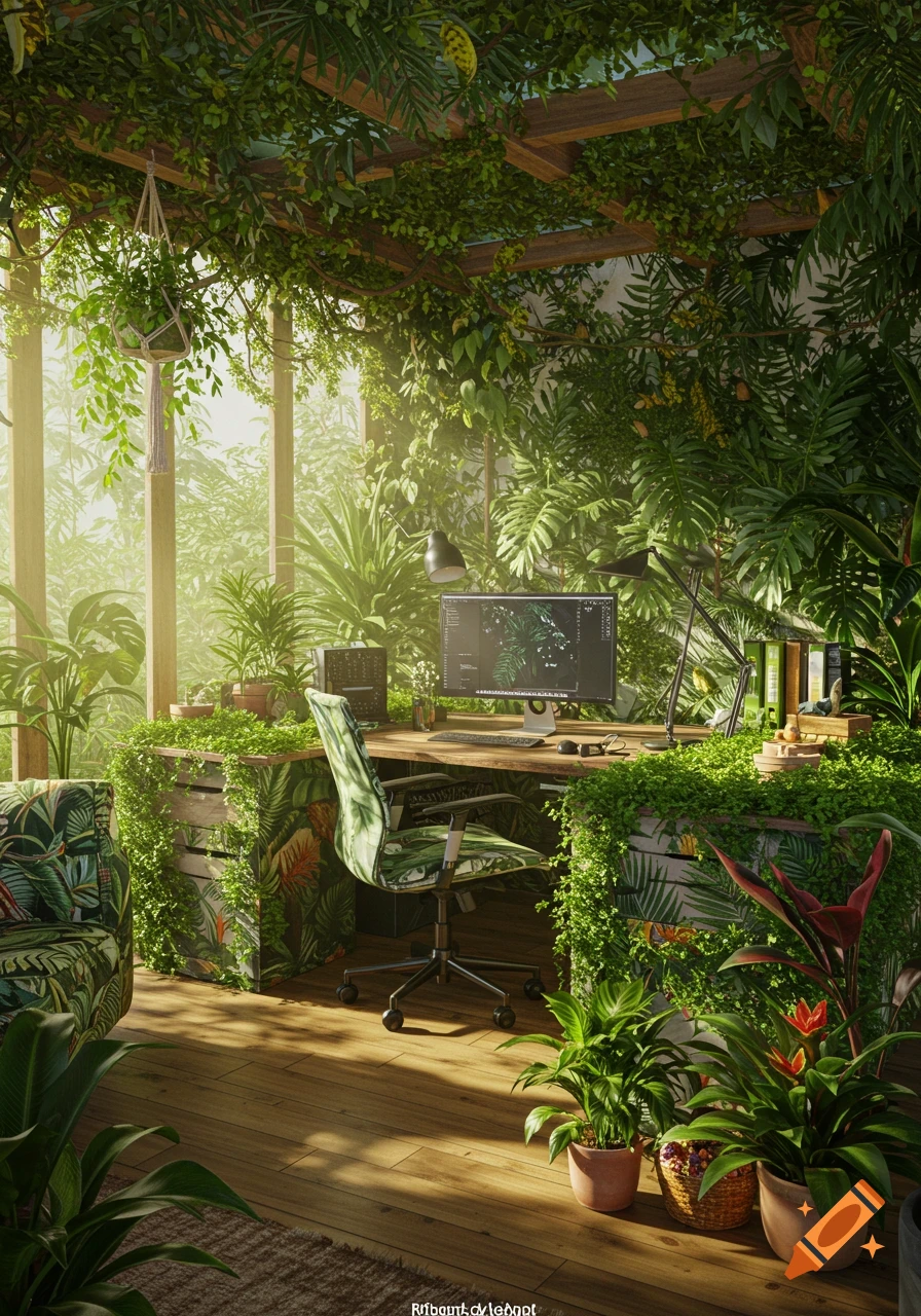 A vibrant, plant-filled workspace with a wooden desk, computer, and office chair, bathed in natural light.