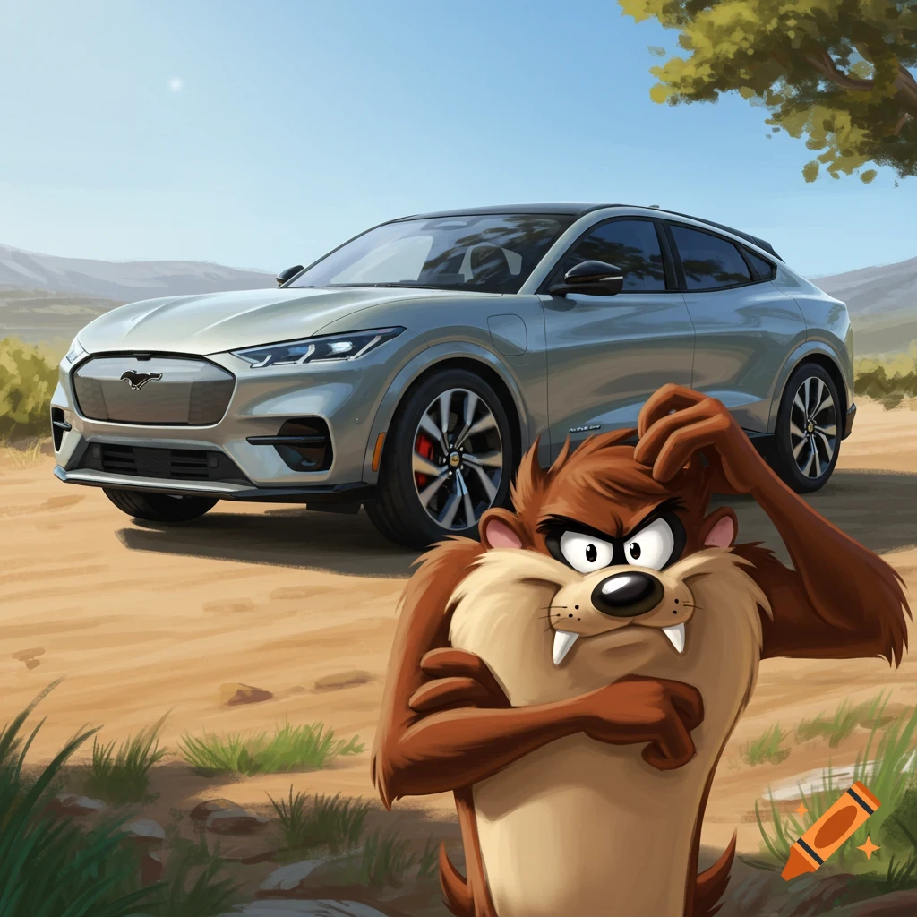 A cartoon Tasmanian Devil scratching his head stands in the foreground, with a silver Ford Mustang Mach-E parked on a dirt road in the background.