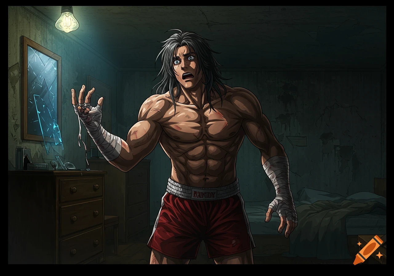 An anime-style muscular man in red boxing shorts and hand wraps looks shocked at his hands in a dirty room with a broken mirror.