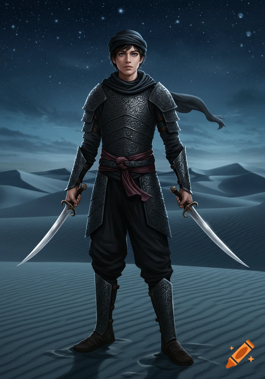 A teenage prince in black armor and a turban holds two daggers, standing in a vast desert under a starry night sky.