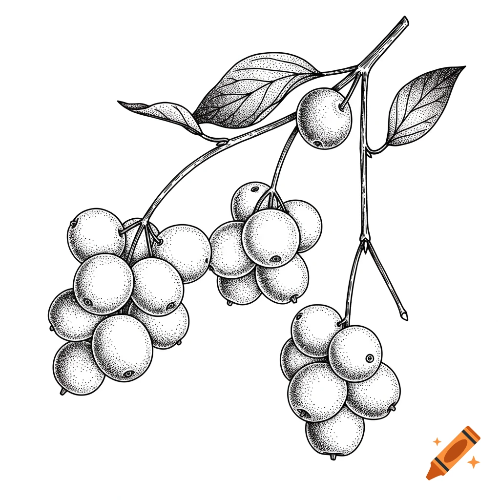 Black and white botanical line drawing of snowberries on branches with stippling shading.