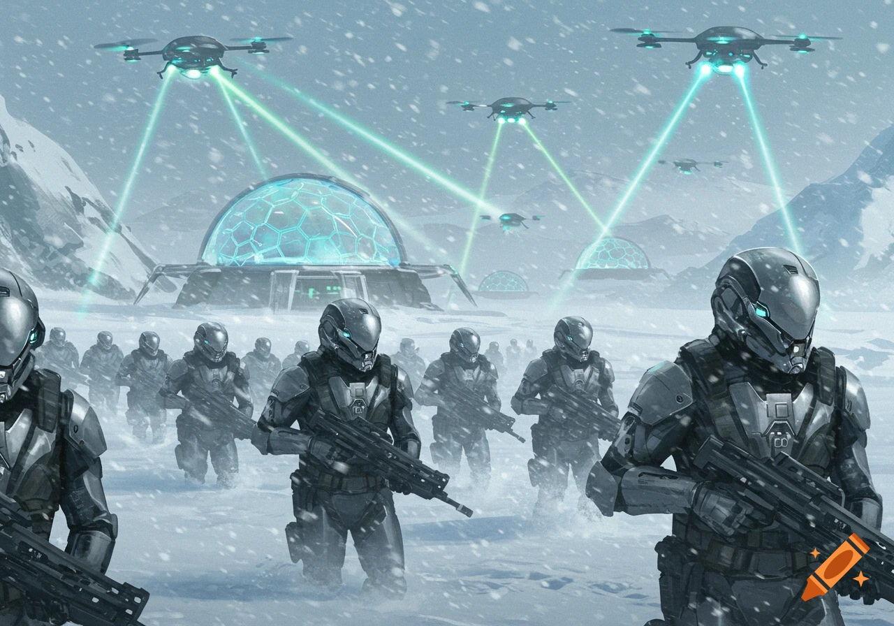 Futuristic soldiers in tactical gear march through a snowy landscape with drones overhead and glowing dome bases in the background.