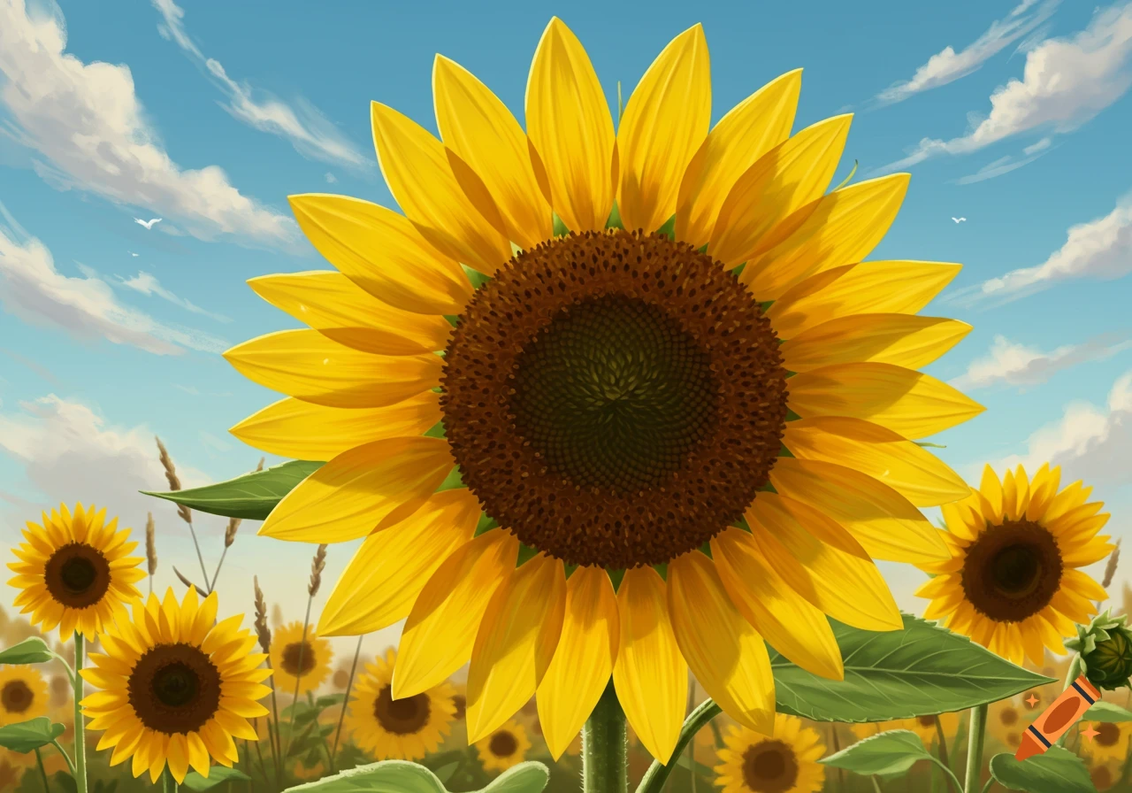 A close-up of a vibrant sunflower in a field under a blue sky with clouds and distant sunflowers.