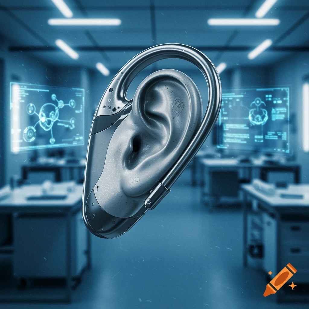 A futuristic, metallic ear-shaped device floats in a blue-lit laboratory with holographic screens.