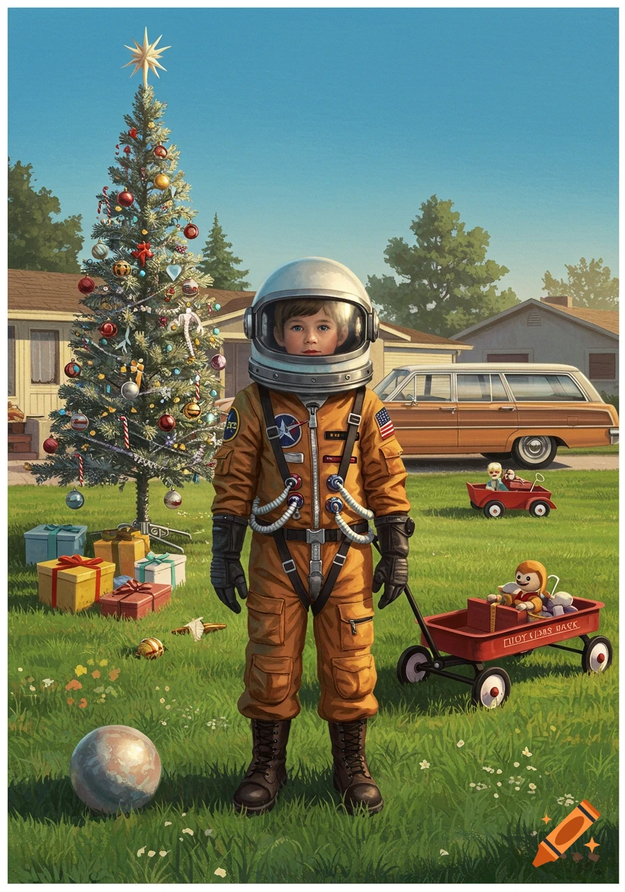 Retro illustration of a boy in an astronaut suit standing in a suburban yard with a decorated Christmas tree and presents.