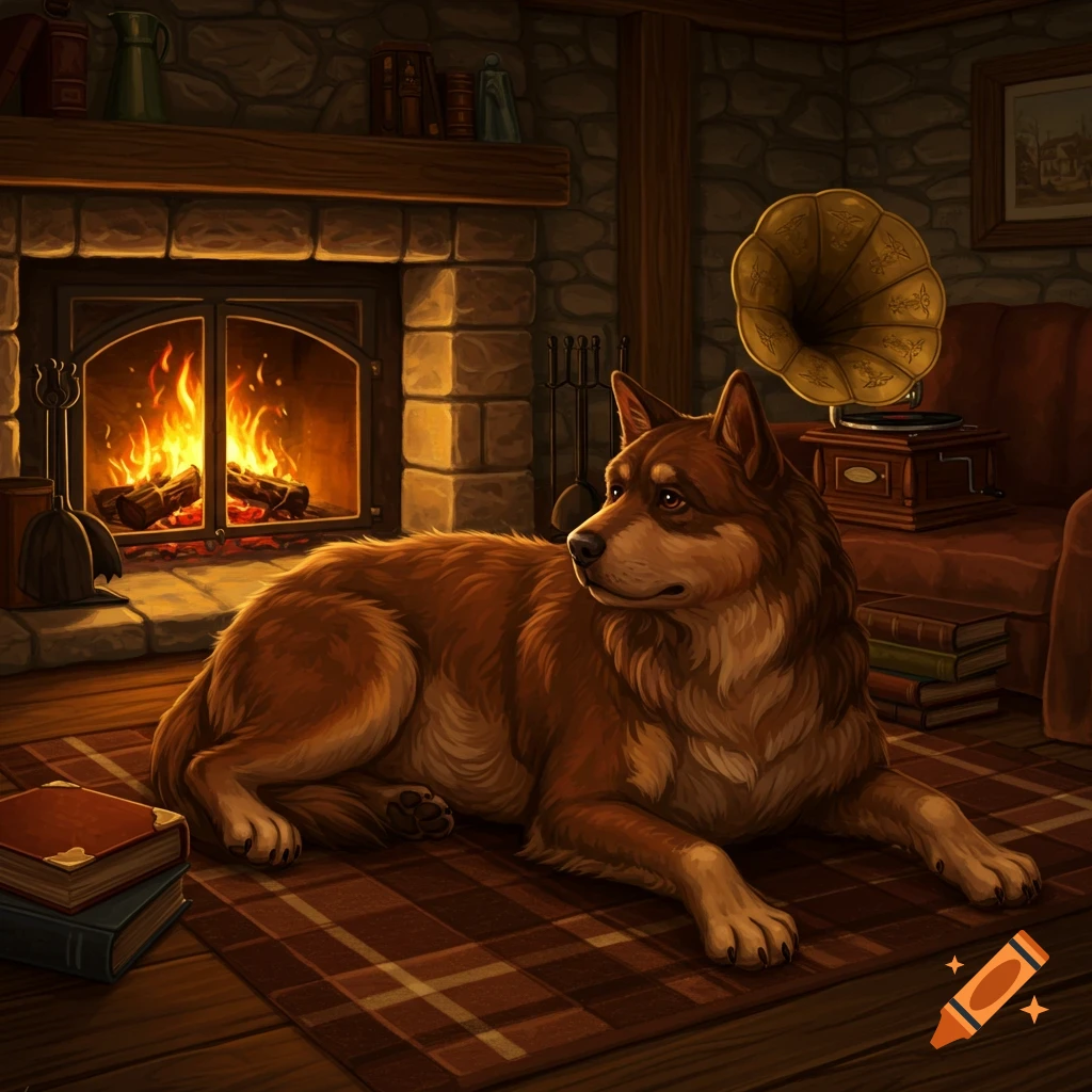 A brown dog lies on a plaid rug in front of a warm fireplace, with a gramophone and books nearby, in a cozy digital painting.