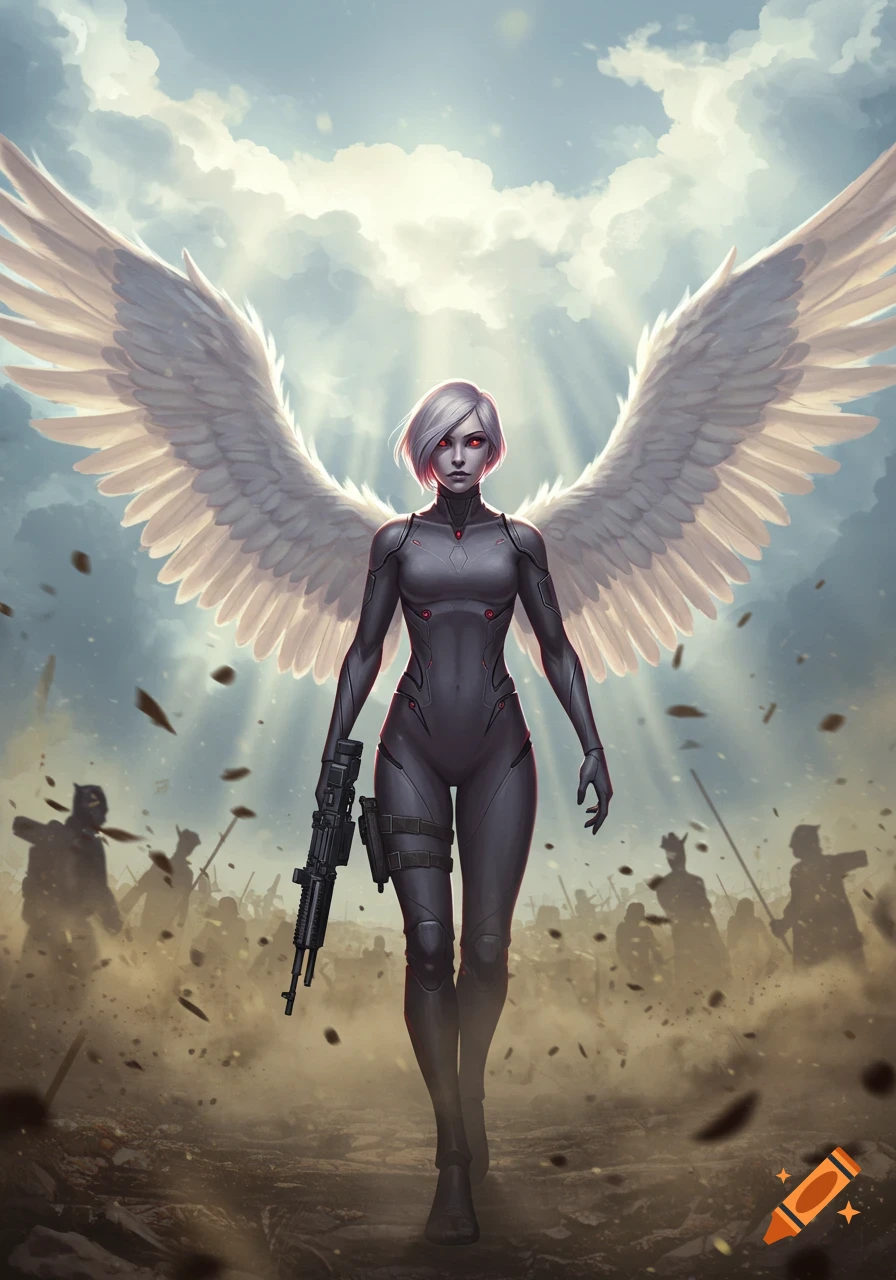 White-winged female character in a grey tactical suit holding a rifle, walking through a dusty battlefield with silhouetted soldiers and light rays.