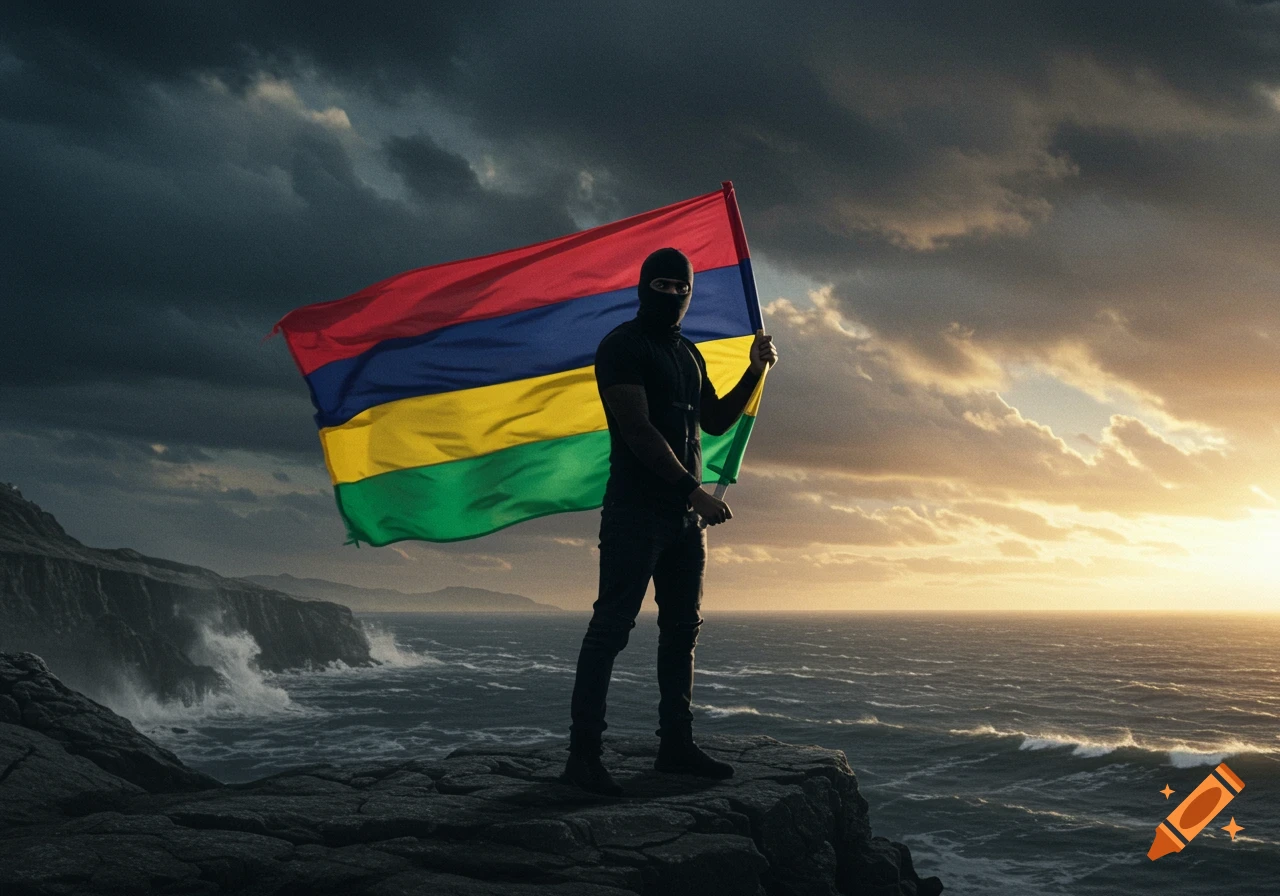 A man in a black balaclava holds the vibrant Mauritius flag on a rocky cliff overlooking a stormy ocean at sunset.