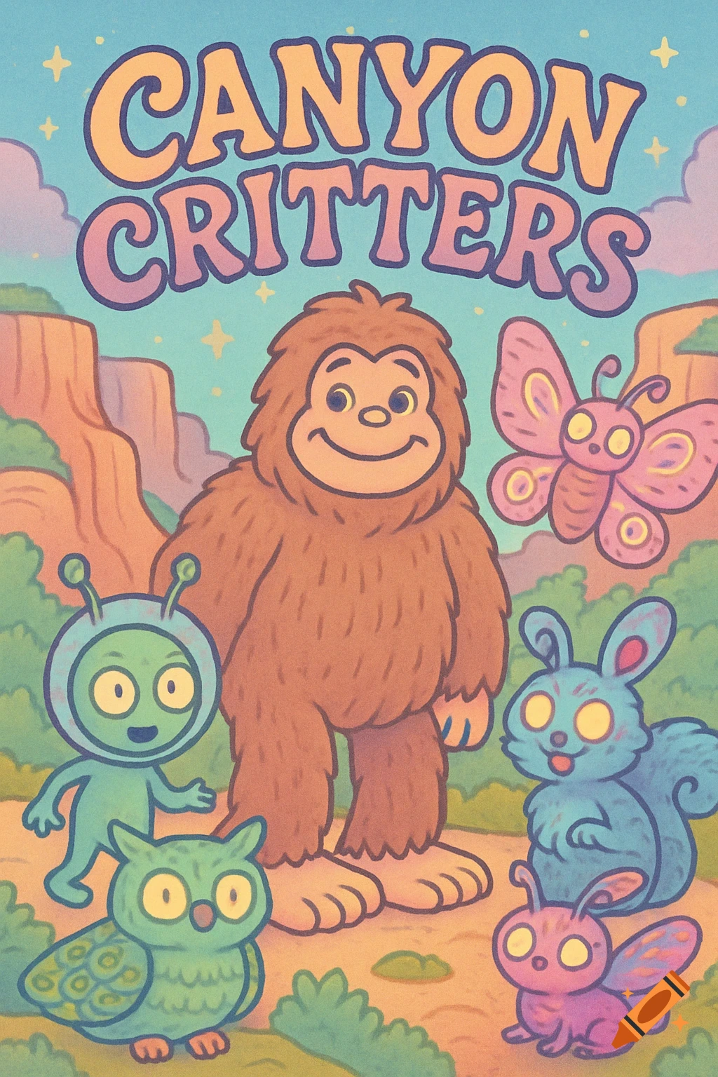 Whimsical cartoon poster of Bigfoot, an alien, an owl, a squirrel, and moths in a canyon, with the title 'CANYON CRITTERS'.