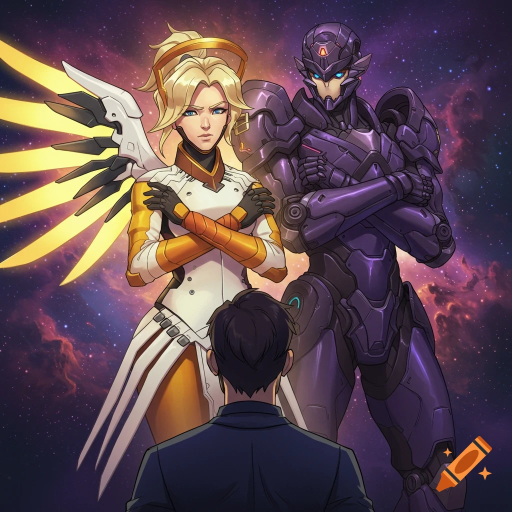 Mercy and Ramattra from Overwatch, in anime style, stand with crossed arms, looking threateningly at a person with a cosmic background.
