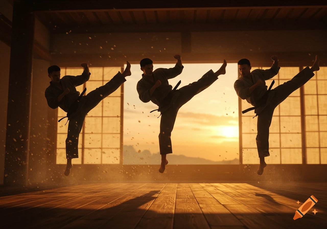 Three silhouetted figures perform high kicks in a dojo at sunset, dust particles suspended in the air.