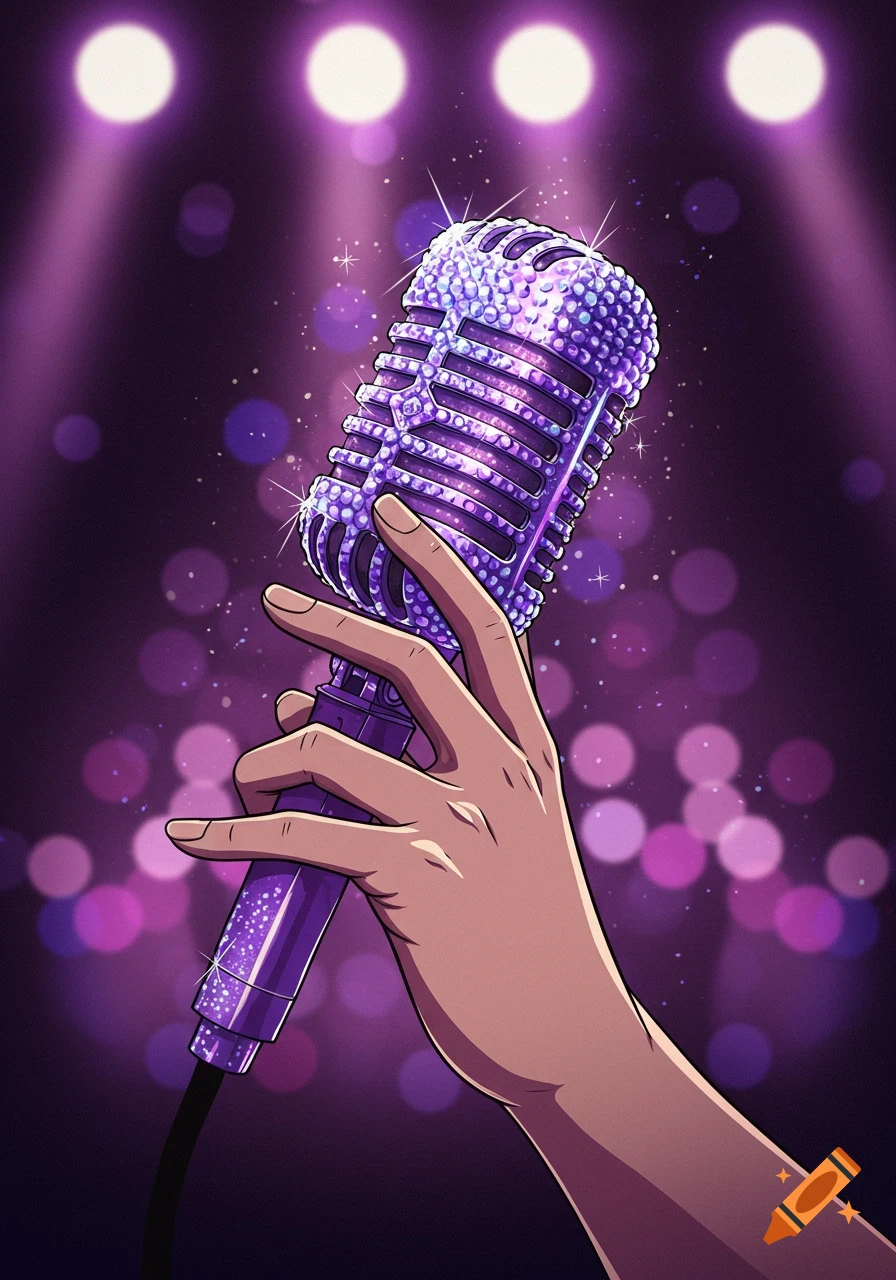 Animated illustration of a hand holding a sparkling purple crystal microphone under bright spotlights with a blurred purple background.