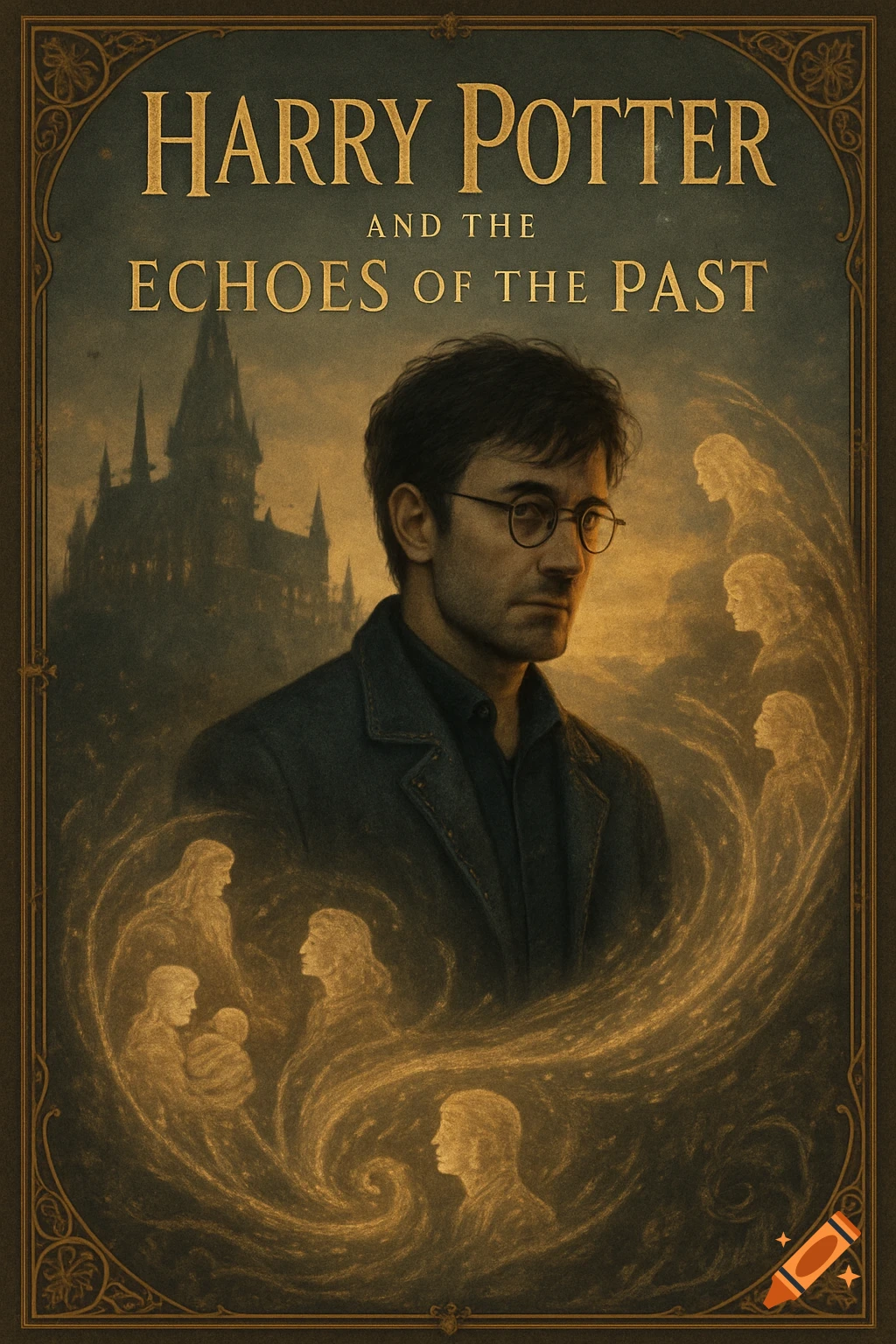 A fantasy book cover depicting an adult Harry Potter, ghostly figures, and Hogwarts castle, titled 'Harry Potter and the Echoes of the Past'.