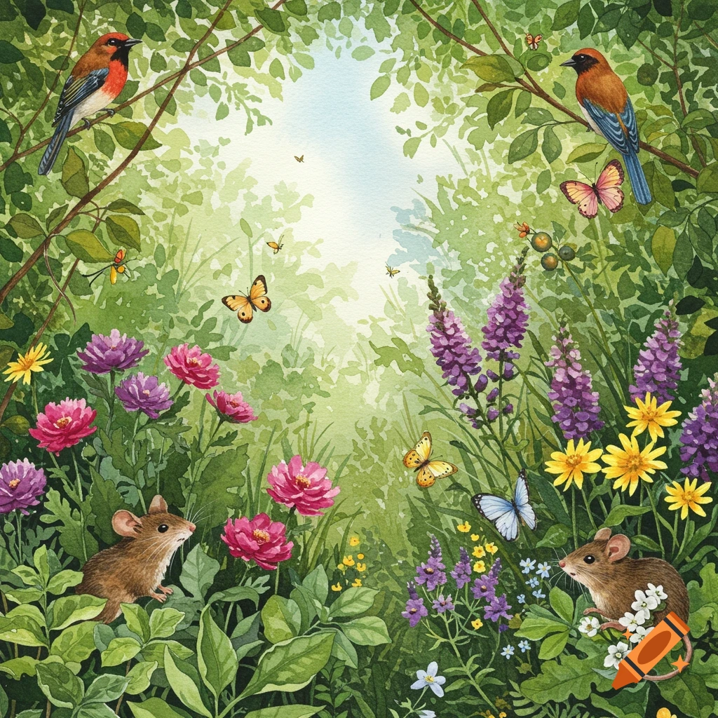 A vibrant watercolor painting of a lush garden scene with two mice, two birds, and several butterflies among colorful flowers and green foliage.