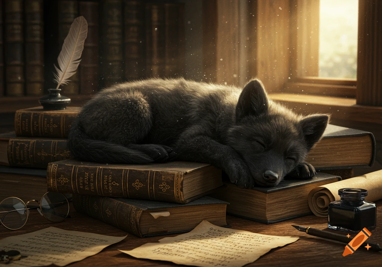 A photorealistic image of a black wolf puppy sleeping peacefully on a stack of old books, with a quill, inkwell, and glasses on a wooden desk bathed in sunlight.